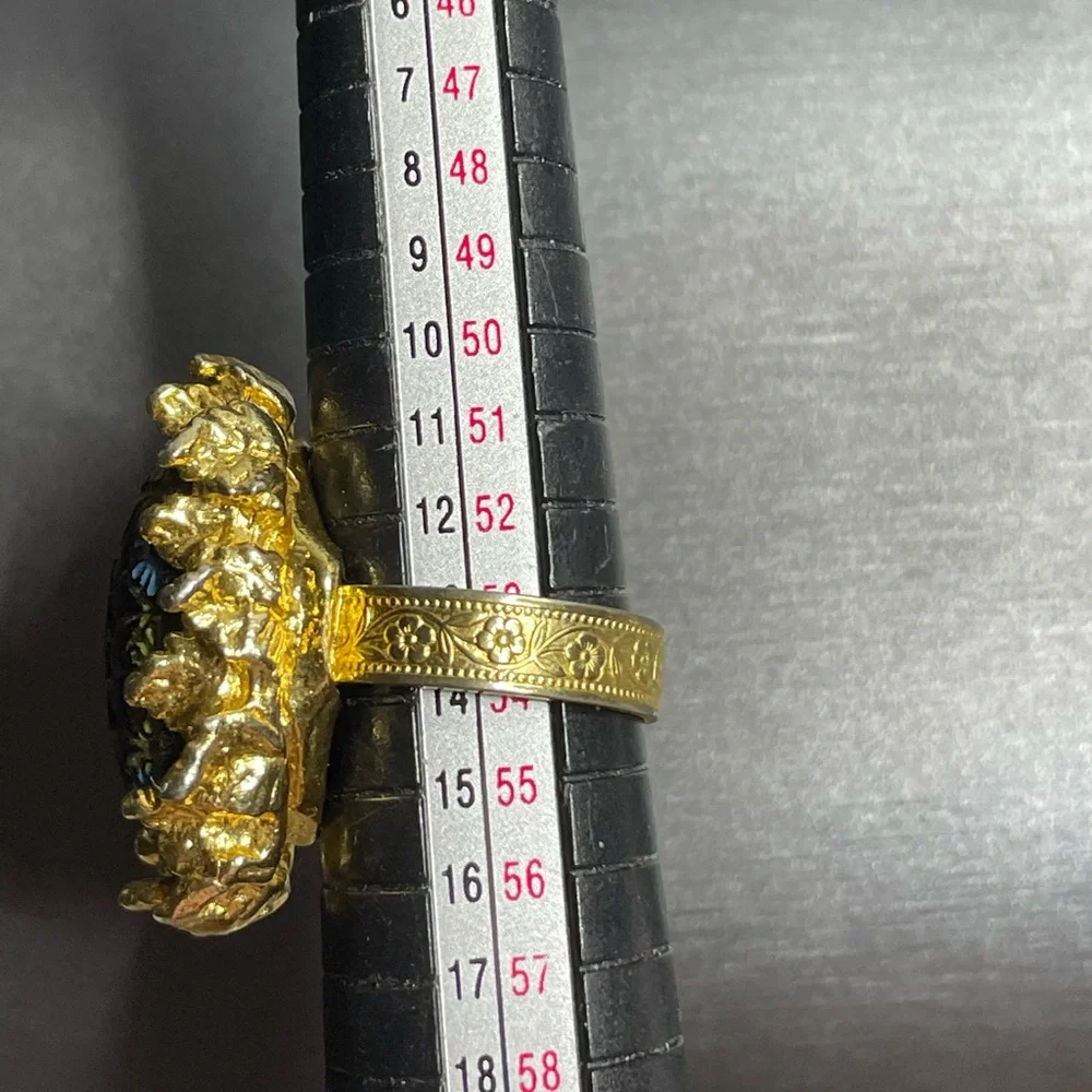 Moroccan Glass Lg Cabochon Gold Tone Leaves Vintage Adjustable Ring Sz 7 - Picture 12 of 12